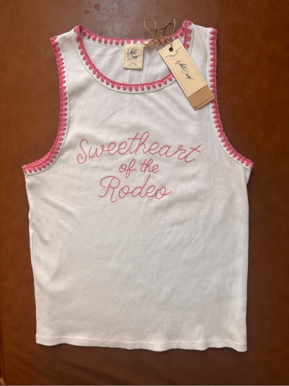White Crow Sweetheart of the Rodeo Ribbed Tank Top NWT Pink Embroidered Large